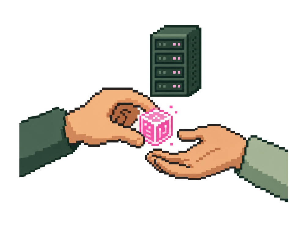 Pixel hands passing a data cube